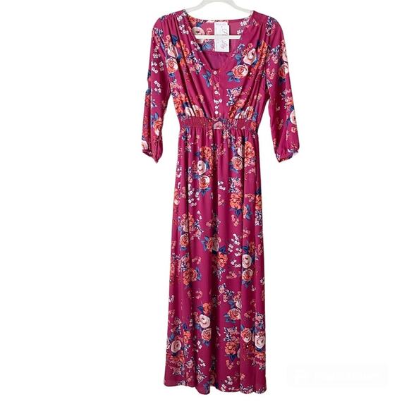 Pink Lily Boutique | Floral Maxi Dress V-neck Side Slit Berry Red Small - Picture 4 of 10